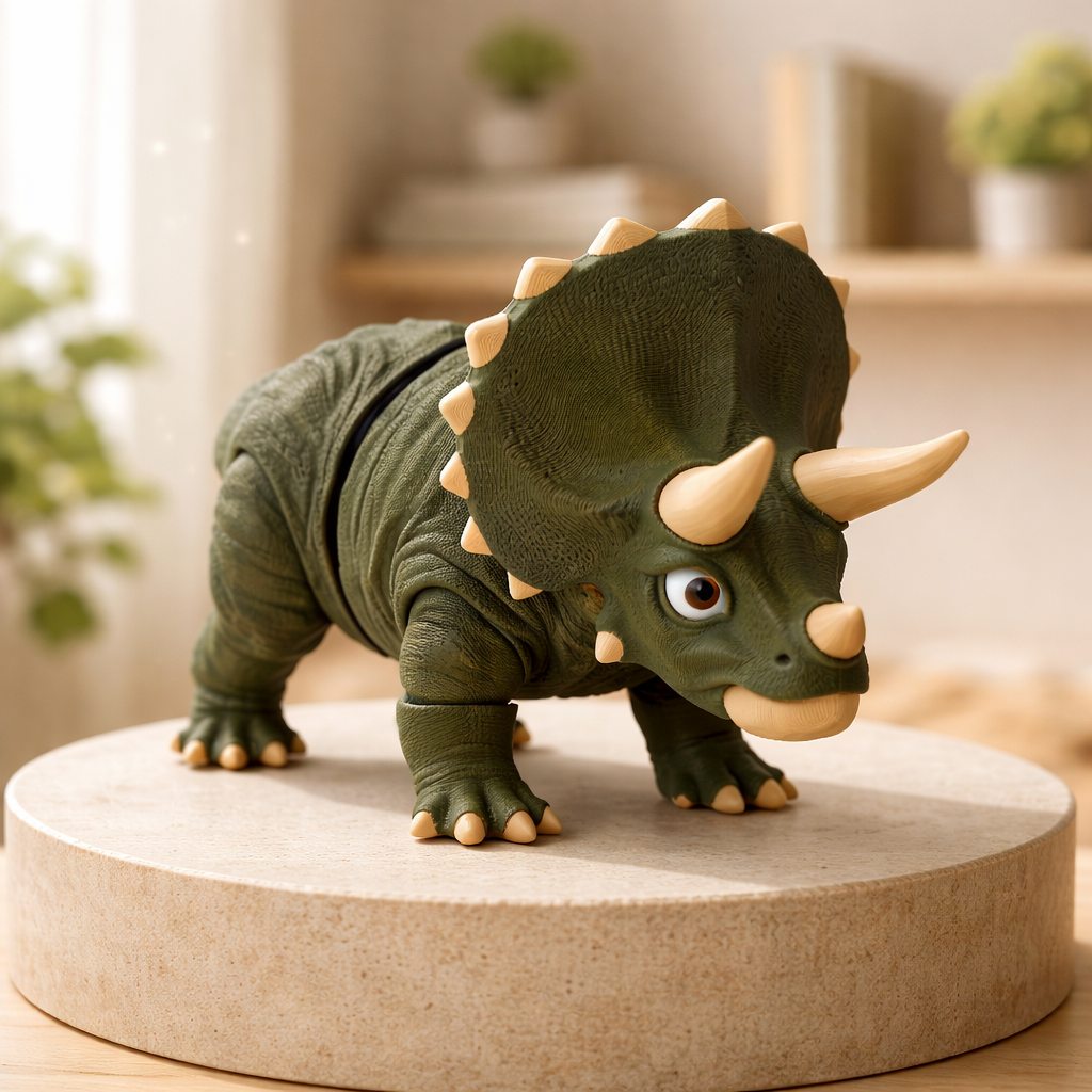 Green triceratops toy with beige horns on a round pedestal.