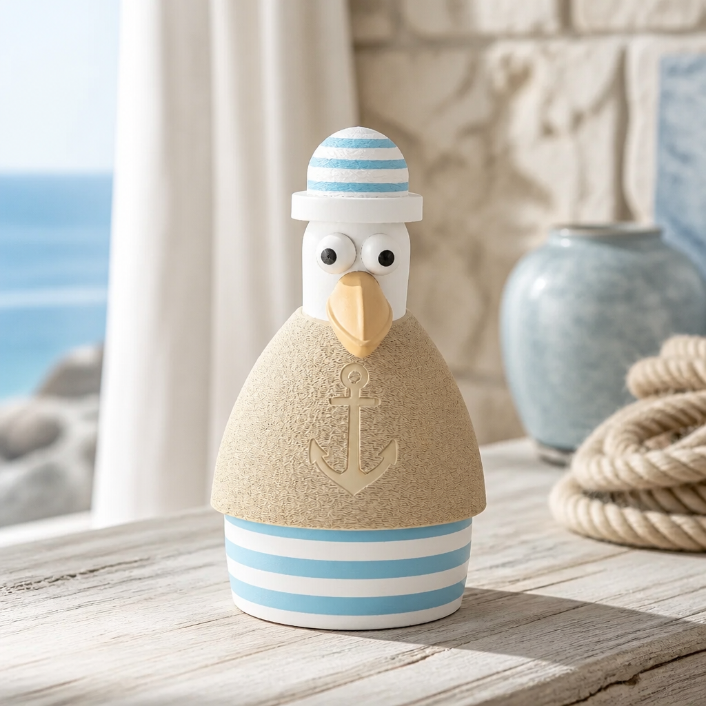 Nautical-themed ceramic bird figurine with anchor emblem, blue stripes, and sailor hat.