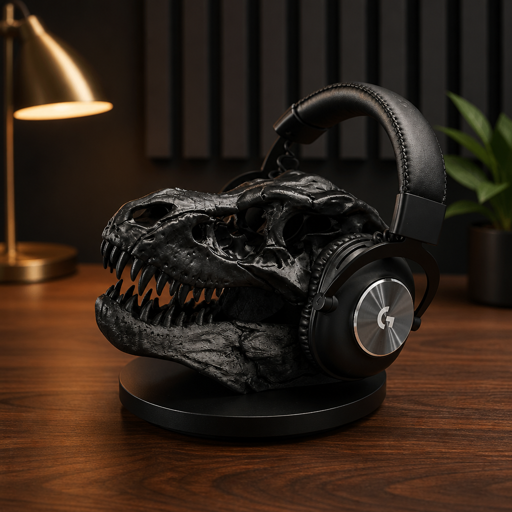 Headphone hanger in skull form with over-ear headphones on a wooden desk.