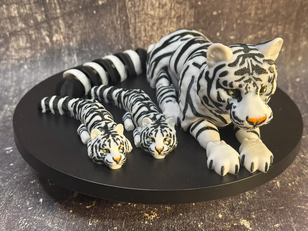 3D Printed Articulated White Tiger with Cubs | Poseable Animal Figurine, Desk Decor by Pencil Short Designs LLC