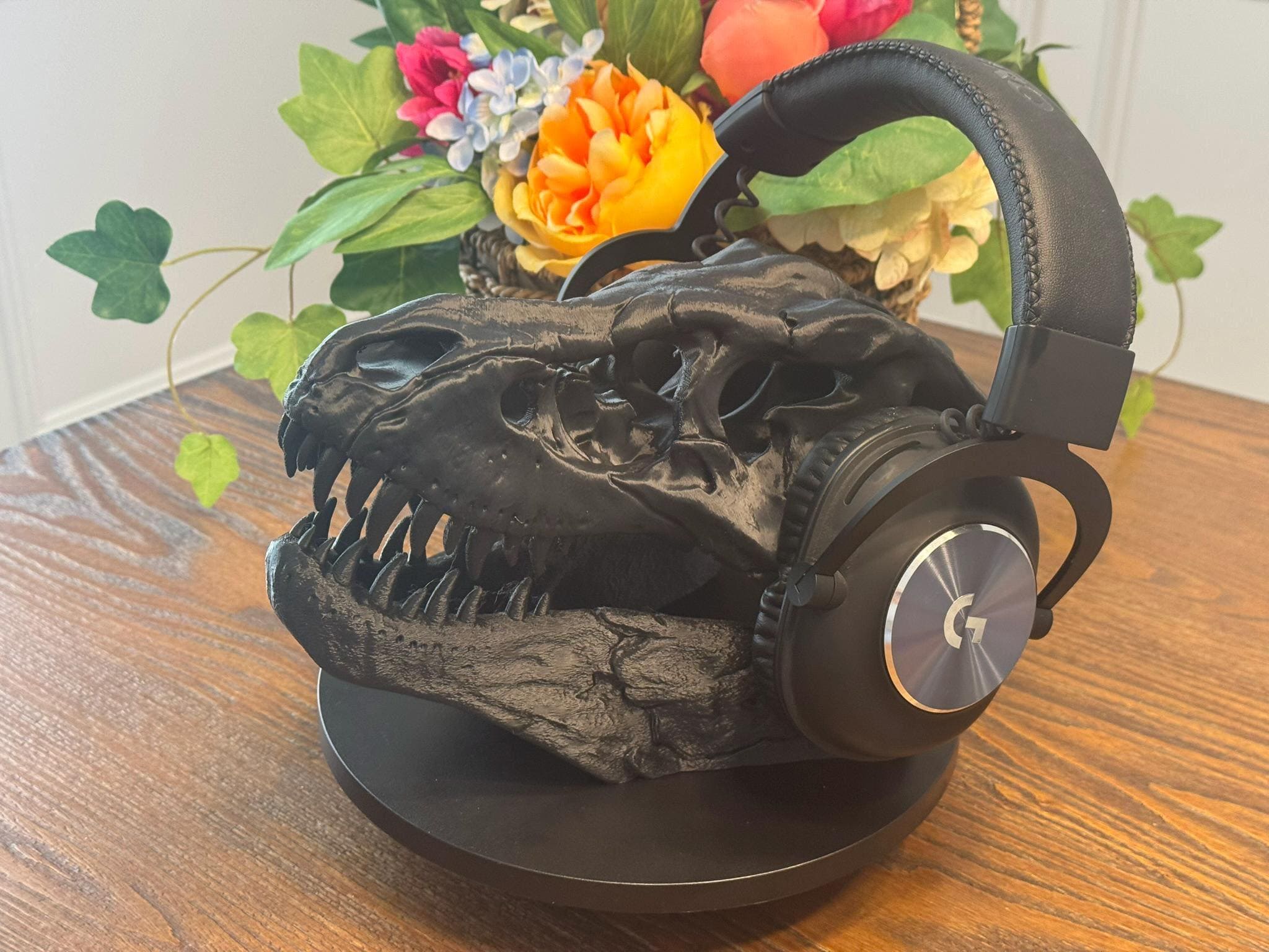 3D Printed T-Rex Skull Headphone Stand: Dinosaur Desk Decor by Pencil Short Designs LLC
