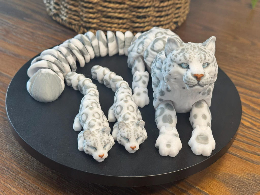 3D Printed Articulated Snow Leopard Family: Poseable Wildlife Decor by Pencil Short Designs LLC