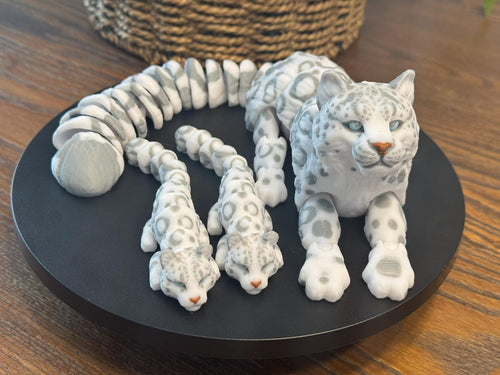 3D Printed Articulated Snow Leopard Family: Poseable Wildlife Decor by Pencil Short Designs LLC