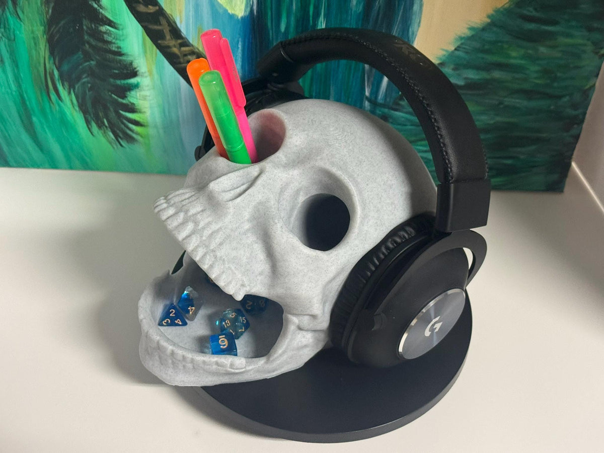 3D Printed Skull Holder: Headset Stand, Dice Tower, Pen Organizer