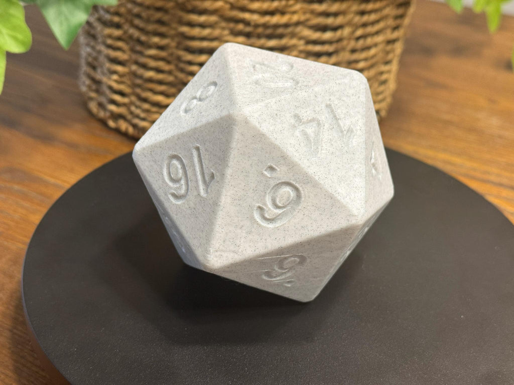 3D Printed D20 Dice: White Marble PLA, 100mm by Pencil Short Designs LLC