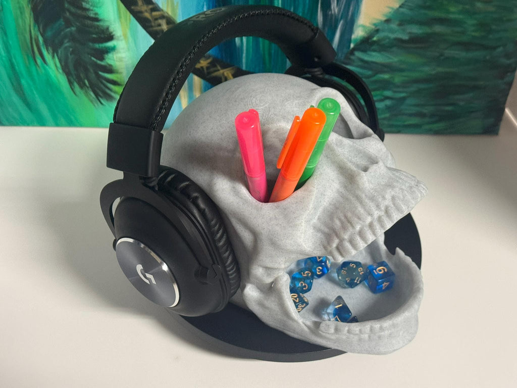 3D Printed Skull Holder: Headset Stand, Dice Tower, Pen Organizer