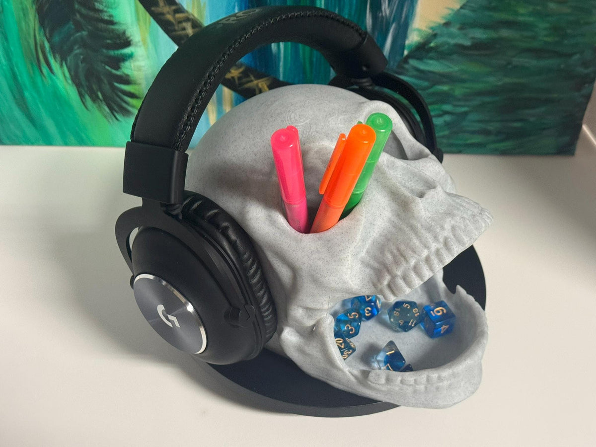 3D Printed Skull Holder: Headset Stand, Dice Tower, Pen Organizer