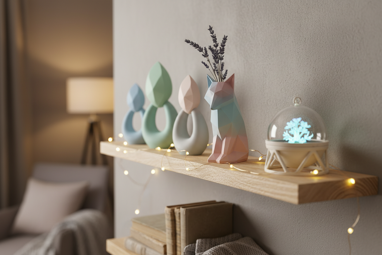 A cozy home shelf with 3D printed decorative items