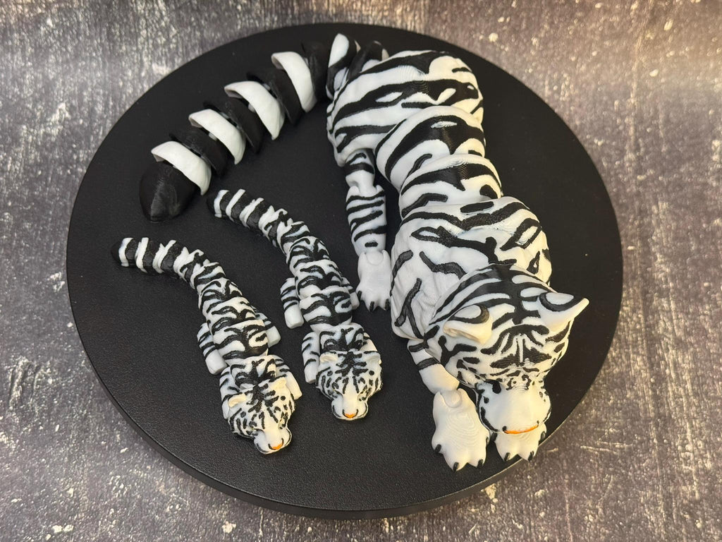 3D Printed Articulated White Tiger with Cubs | Poseable Animal Figurine, Desk Decor by Pencil Short Designs LLC