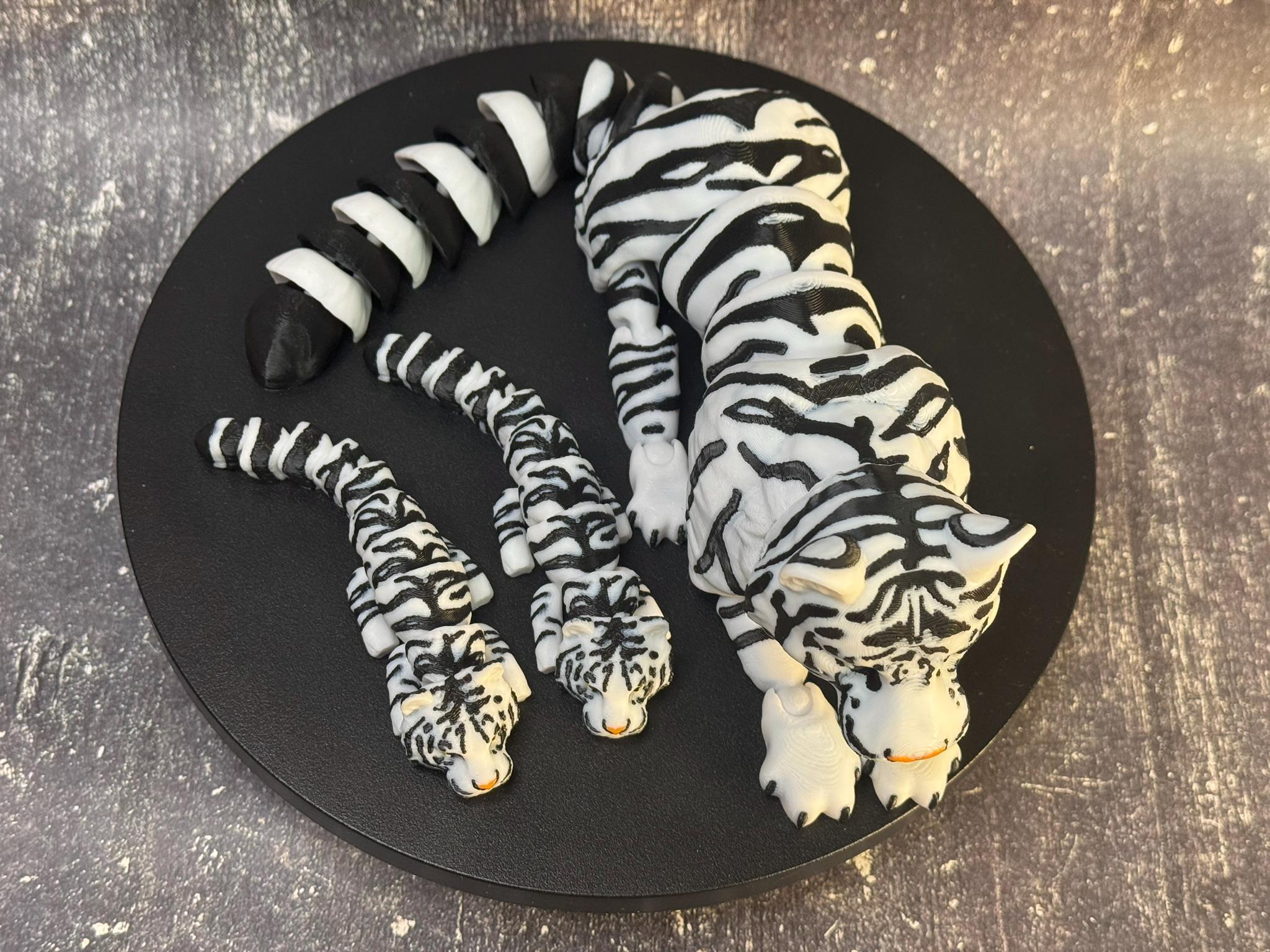 3D Printed Articulated White Tiger with Cubs | Poseable Animal Figurine, Desk Decor by Pencil Short Designs LLC