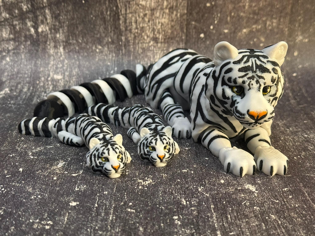 3D Printed Articulated White Tiger with Cubs | Poseable Animal Figurine, Desk Decor by Pencil Short Designs LLC