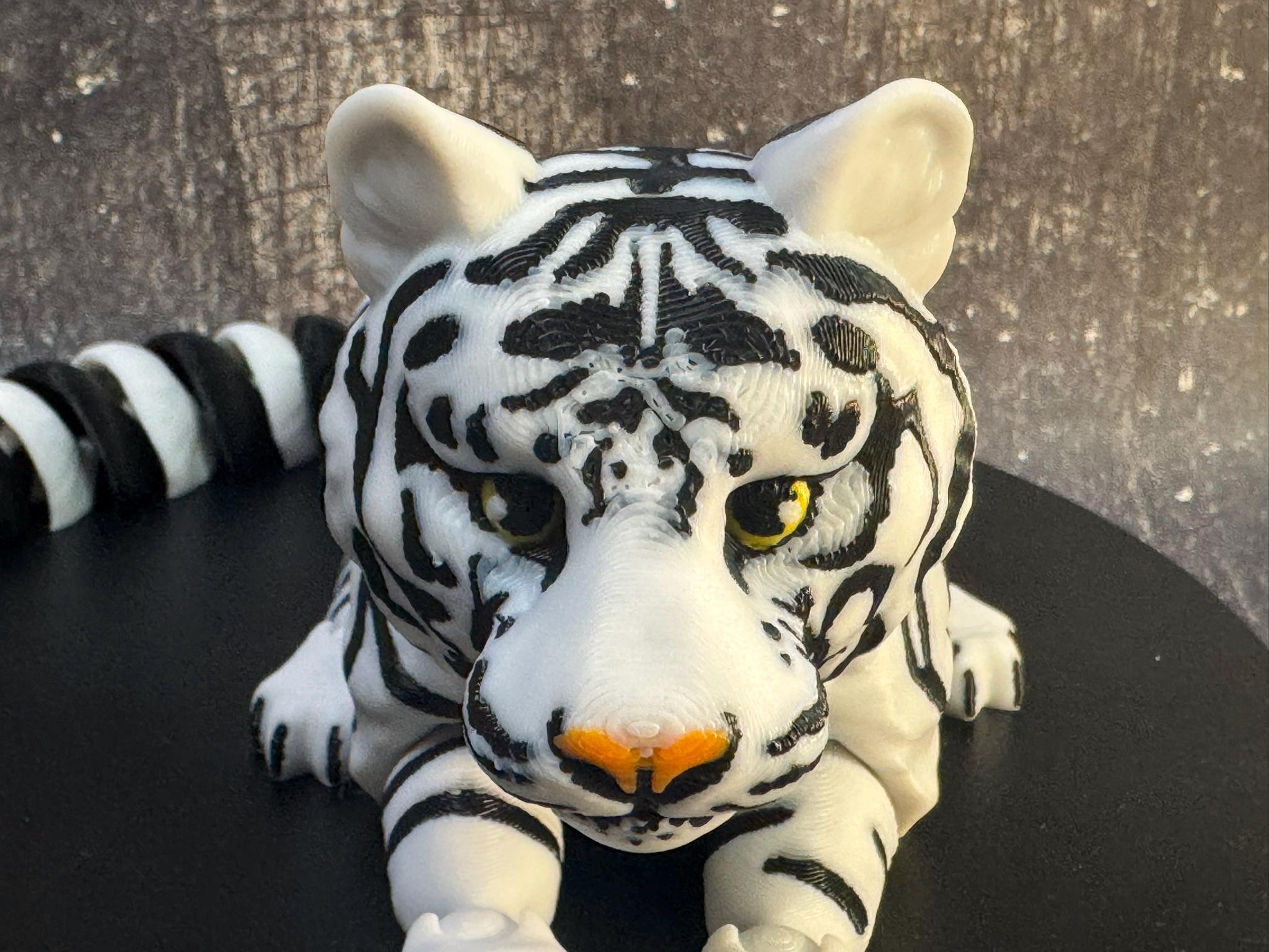 3D Printed Articulated White Tiger with Cubs | Poseable Animal Figurine, Desk Decor by Pencil Short Designs LLC