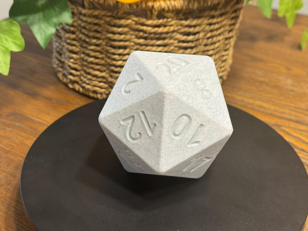 3D Printed D20 Dice: White Marble PLA, 100mm by Pencil Short Designs LLC