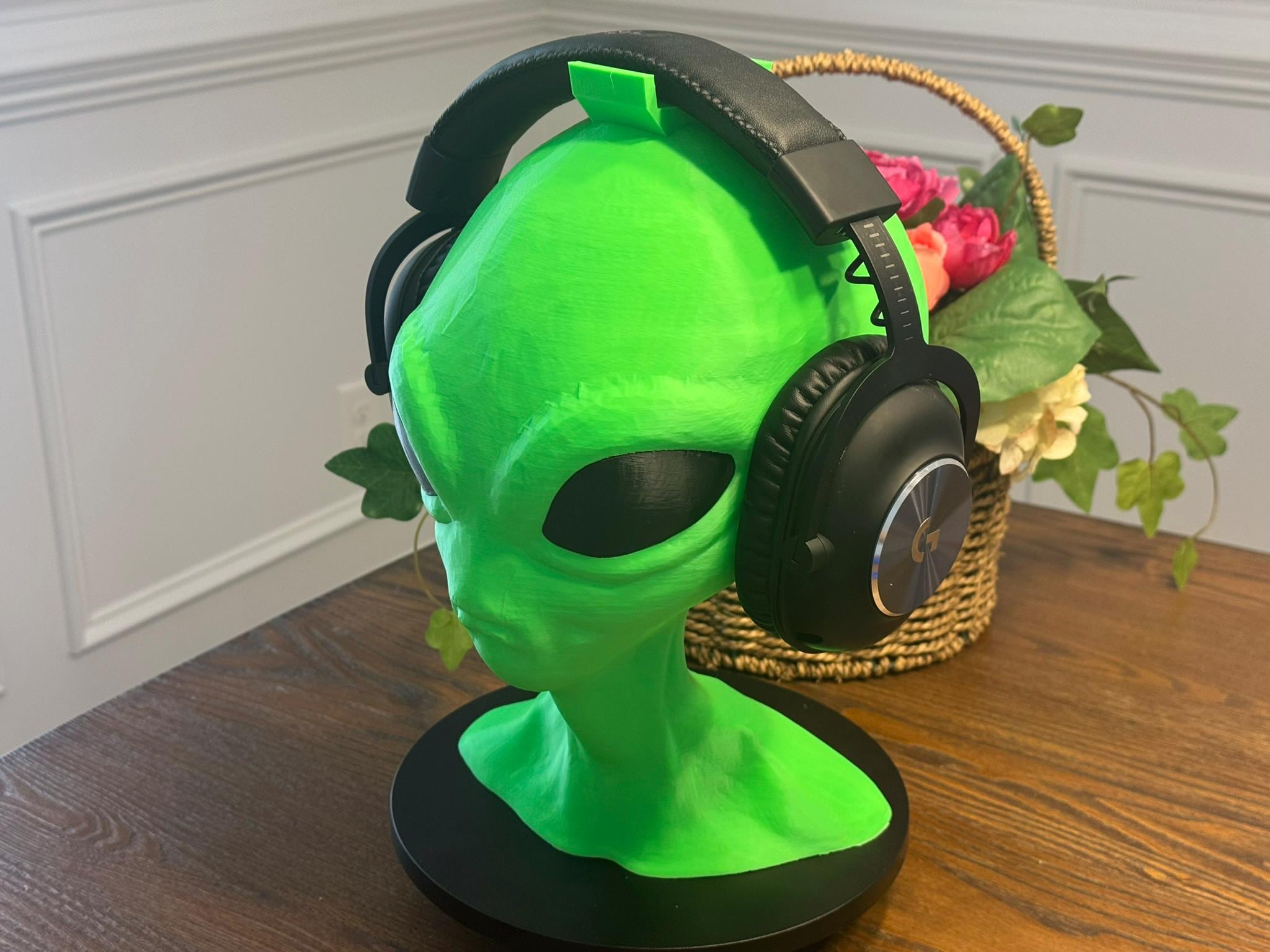 3D Printed Alien Headset Stand: Neon Green PLA Bioplastic by Pencil Short Designs LLC